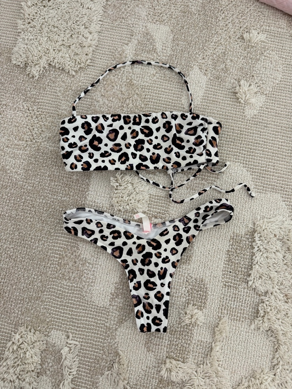 Victorias Secret Leopard Print Two-Piece Thong Swimsuit in White & Brown